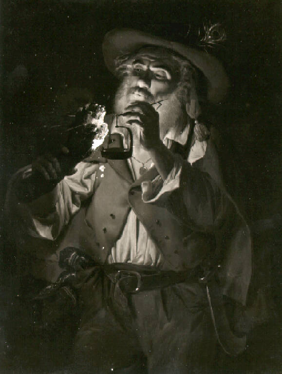 Figura di contadino che accende una lucerna ad un tizzone (dipinto) di Inganni Angelo (sec. XIX)