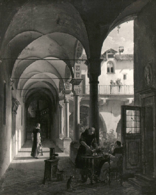 Veduta del chiostro della Certosa di Pavia (dipinto) di Migliara Giovanni (sec. XIX)