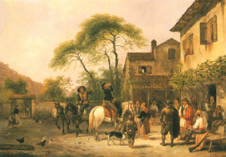 Veduta dell'interno del cortile di un cascinale (dipinto) di Canella Giuseppe (sec. XIX)
