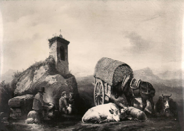 Paesaggio campestre con contadini in riposo (dipinto) di Joli Faustino (sec. XIX)