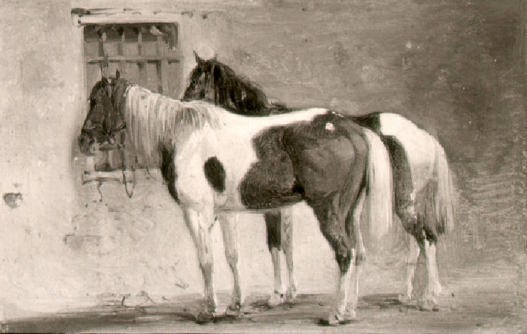 Cavalli legati ad una inferriata (dipinto) di Joli Faustino (sec. XIX)