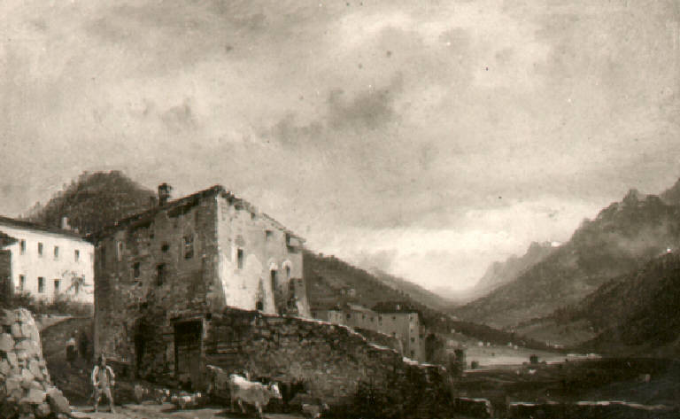 Veduta con case rustiche e montagne (dipinto) di Joli Faustino (sec. XIX)