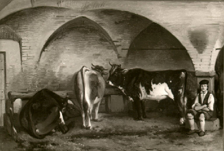 Figura di contadino nella stalla con mucche (dipinto) di Joli Faustino (sec. XIX)