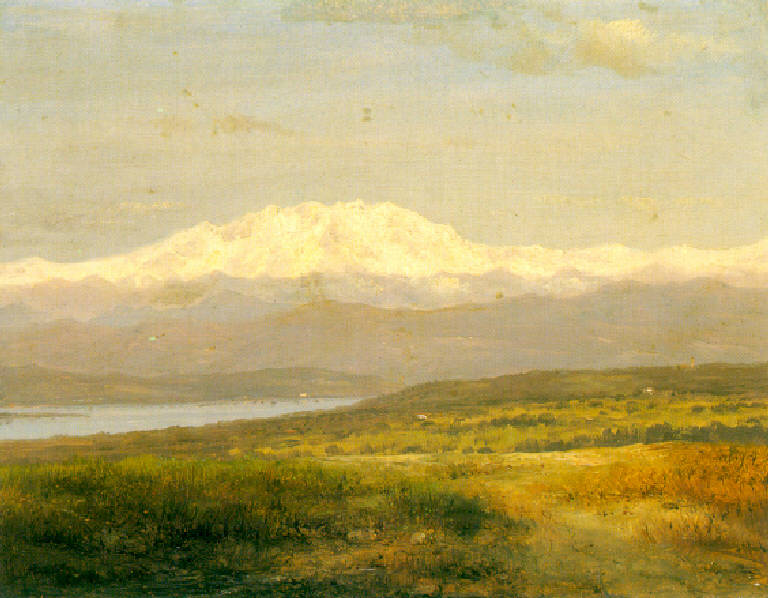 Veduta del lago di garda con montagne sullo sfondo (dipinto) di Canella Giuseppe (sec. XIX)