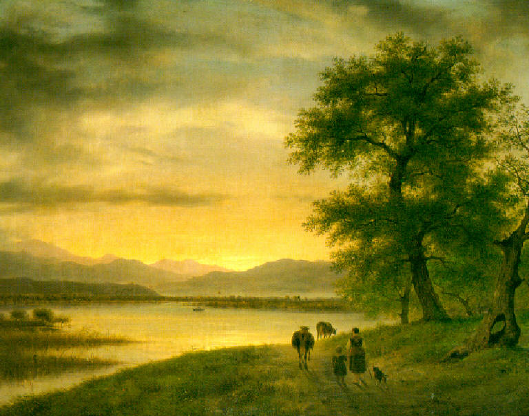 Paesaggio lacustre con montagne (dipinto) di Canella Giuseppe (prima metà sec. XIX)