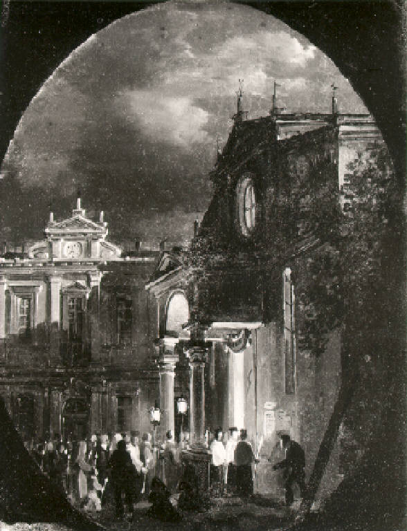Veduta architettonica con processione notturna (dipinto) di Pernici Faustino (prima metà sec. XIX)