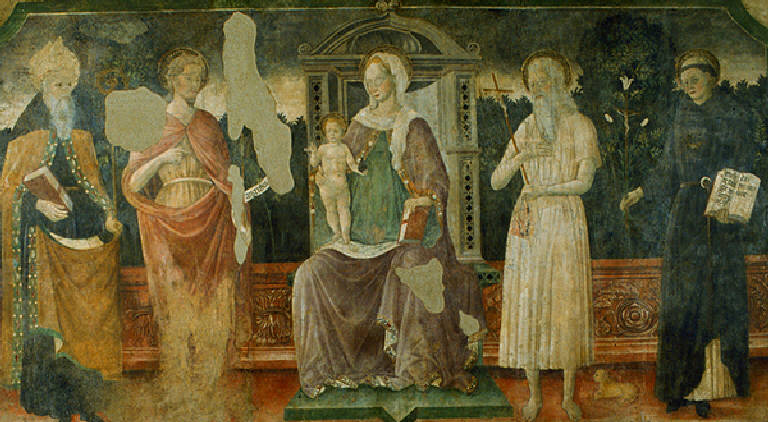 Madonna in trono, San Giovanni Battista, San Gerolamo, San Nicola da Tolentino e Santo Vescovo (dipinto) - scuola bresciana (terzo quarto sec. XV)
