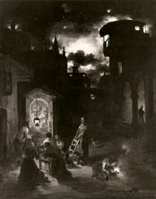 Incendio e figure in preghiera (dipinto) di Inganni Angelo (metà sec. XIX)