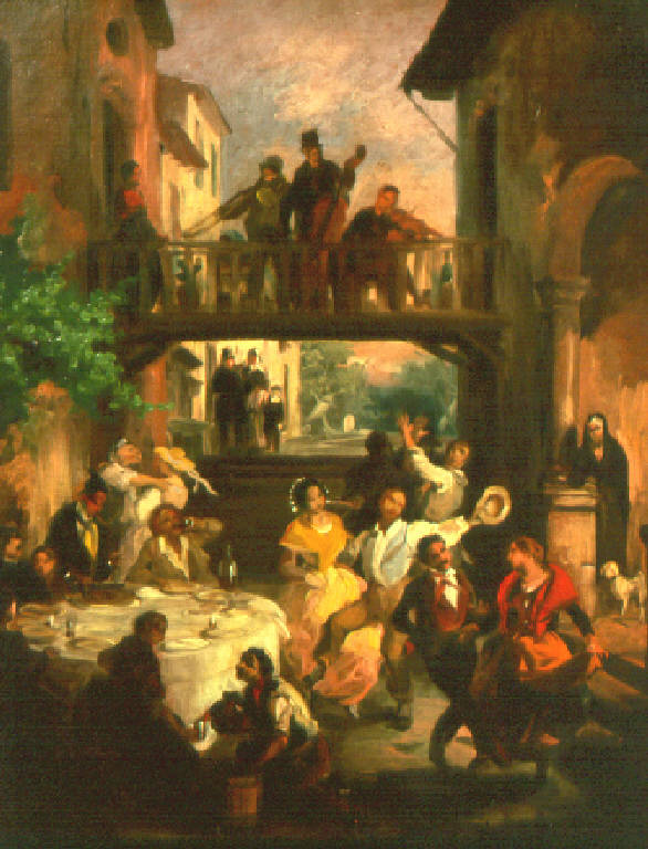Figure di popolani che danzano ad una festa di nozze (dipinto) di Inganni Angelo (terzo quarto sec. XIX)