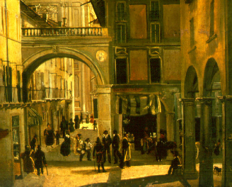 Veduta della contrada del granarolo e della contrada santo ambrogio (dipinto) di Inganni Angelo (sec. XIX)