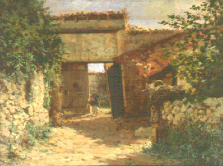 Veduta di una casa di campagna con figura di contadina (dipinto) di Lombardi Luigi (ultimo quarto sec. XIX)