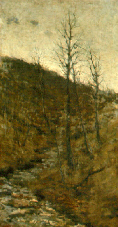 Il torrente, Paesaggio con alberi e torrente (dipinto) di Filippini Francesco (ultimo quarto sec. XIX)