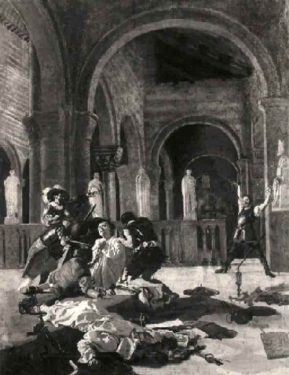 Fanfulla interviene in difesa di un frate torturato durante il sacco di Roma (dipinto) di Venturi Roberto (ultimo quarto sec. XIX)