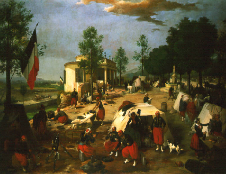 Accampamento di zuavi sugli spalti di San Giovanni (dipinto) di Inganni Angelo (terzo quarto sec. XIX)