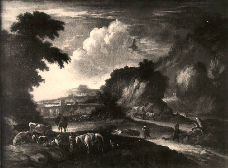 Paesaggio con figure di pastori e architetture (dipinto) - scuola lombarda (prima metà sec. XVIII)