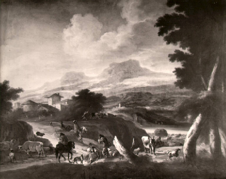 Paesggio con figure di pastori e greggi (dipinto) - scuola lombarda (prima metà sec. XVIII)