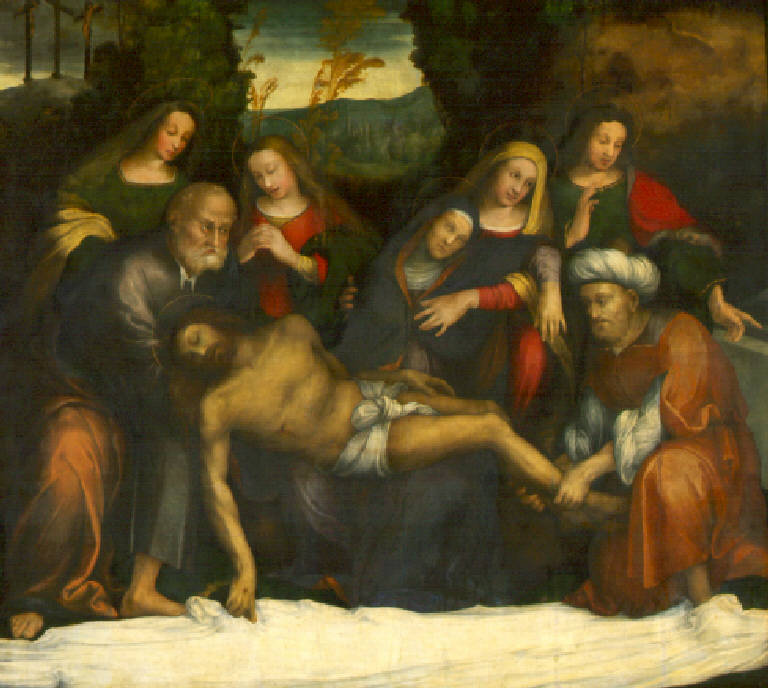 Cristo in pietà con la Madonna, San Giovanni, le tre Marie e due figure maschili (dipinto) di Botticini Vittorio (inizio sec. XVI)
