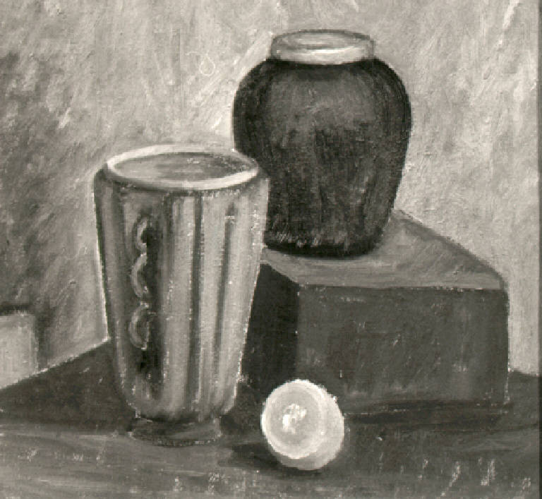 Natura morta con vasi, parallelepipedo e mezzo limone (dipinto) di Botticini Vittorio (secondo quarto sec. XX)