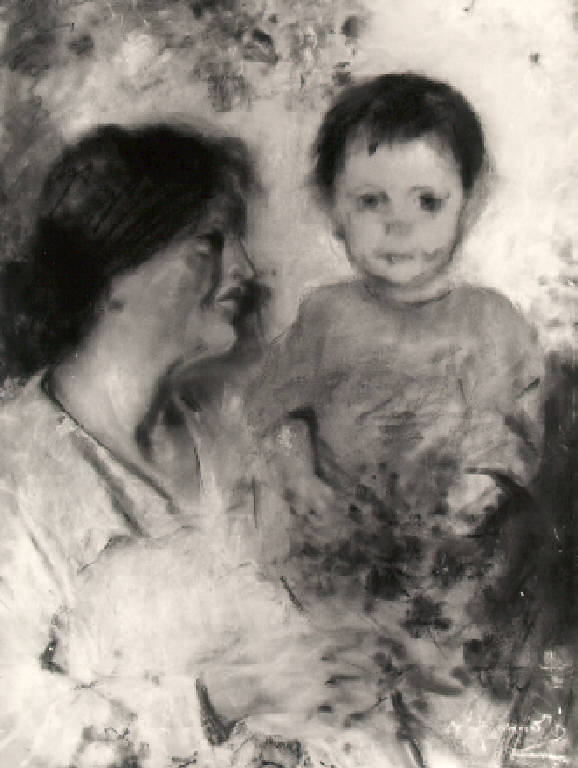 Ritratto della moglie e della figlia del pittore, Ritratto femminile e ritratto di Bambino (dipinto) di Franciosi Umberto (inizio sec. XX)