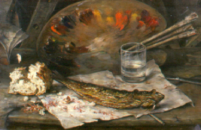 Natura morta con aringa, tavolozza, pennelli (dipinto) di Monteverde Filippo (fine sec. XIX)