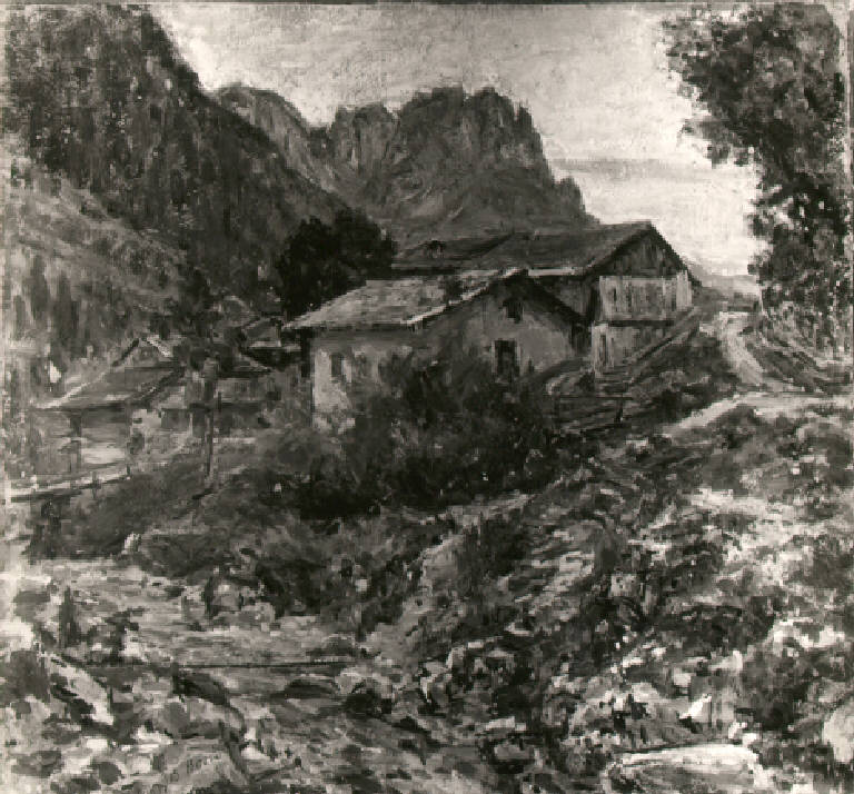 Veduta dell val di fassa con case e torrente (dipinto) di Bosio Giovanni Battista (prima metà sec. XX)