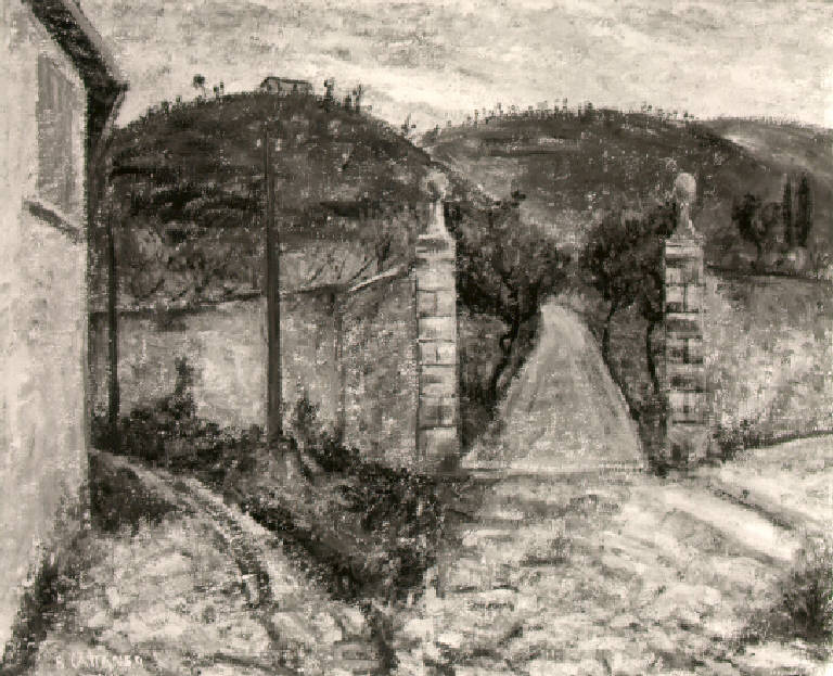 Veduta con strade e viale sui ronchi (dipinto) di Cattaneo Battista (secondo quarto sec. XX)