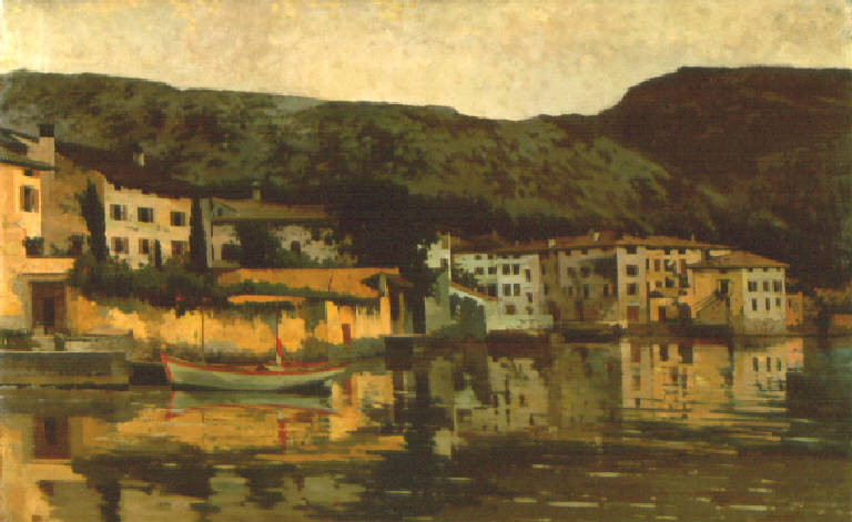 Paesaggio lacustre con barca (dipinto) di Lombardi Luigi (ultimo quarto sec. XIX)