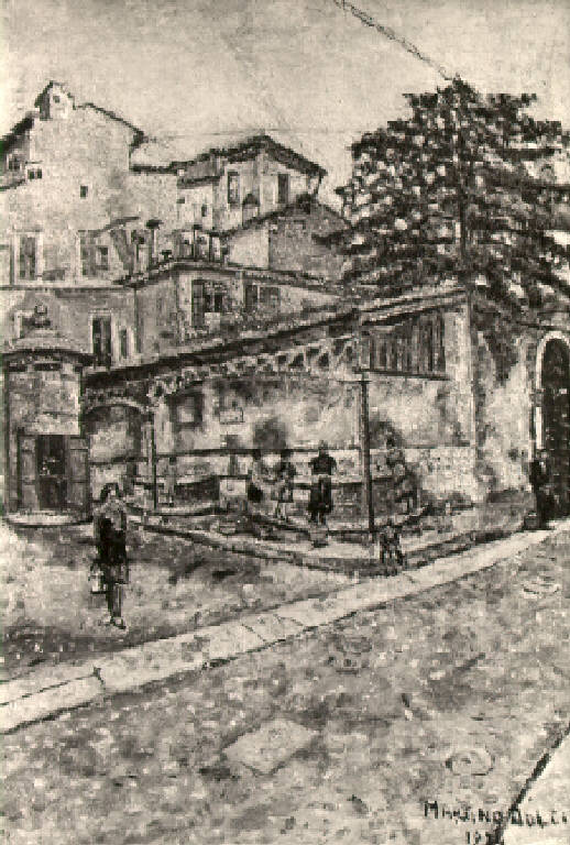 Veduta architettotnica di una piazza con lavatoio (dipinto) di Dolci Martino (prima metà sec. XX)