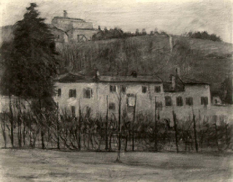 Veduta con architetture e vigna e scorcio del colle Cidneo con il castello (dipinto) di Cominelli Vico (metà sec. XX)