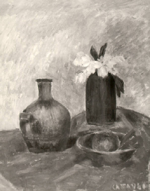 Natura morta con piccolo orcio, ciotola con pomo e vaso di fiori (dipinto) di Cattaneo Battista (secondo quarto sec. XX)