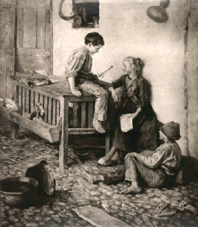 Figure di bambini in una stalla (dipinto) di Pagani Pietro (seconda metà sec. XIX)