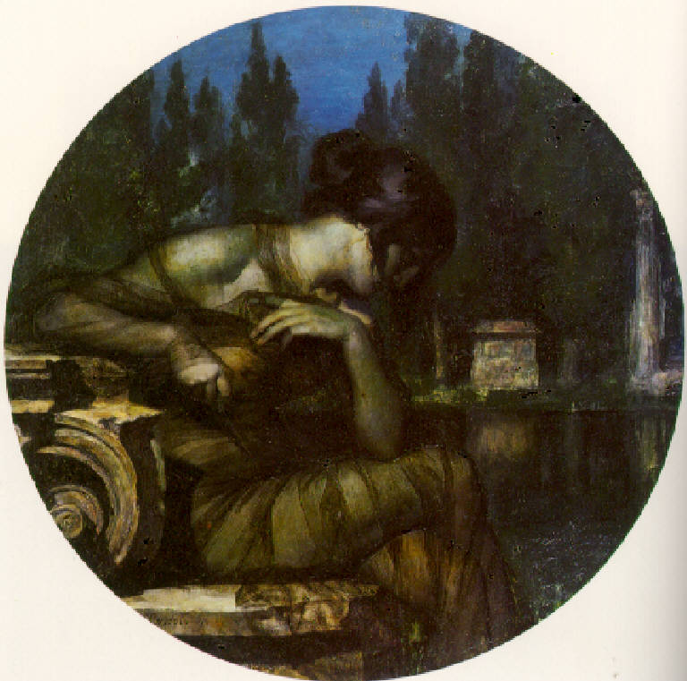 Paesaggio con figura femminile seduta (dipinto) di Cresseri Gaetano (inizio sec. XX)