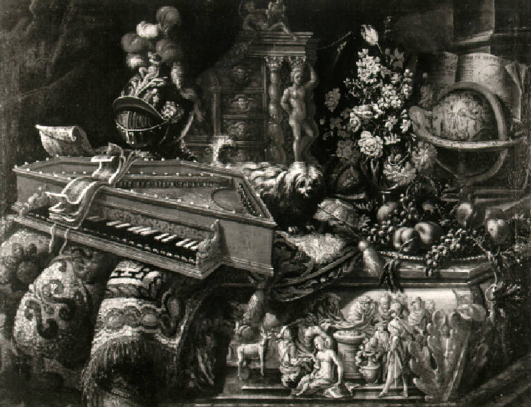 Natura morta con strumento musicale, rilievo e fiori (dipinto) di Rasio Antonio (ultimo quarto sec. XVII)