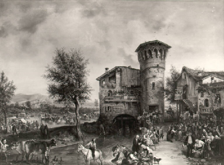 Veduta con mercato di campagna (dipinto) di Ferrari Carlo (prima metà sec. XIX)