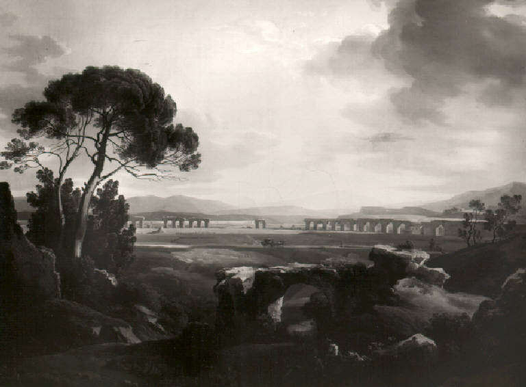 Veduta della campagna romana con rovine di acquedotti (dipinto) di Basiletti Luigi (sec. XIX)