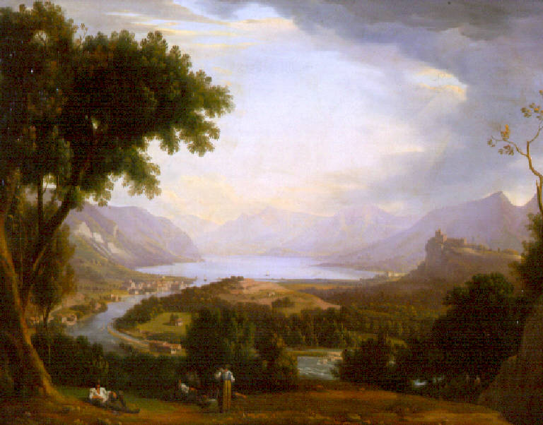 Veduta del lago d'iseo (dipinto) di Basiletti Luigi (secondo quarto sec. XIX)
