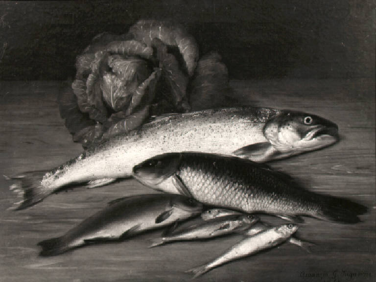 Natura morta con pesci (dipinto) di Inganni Guerrillot Amanzia (terzo quarto sec. XIX)