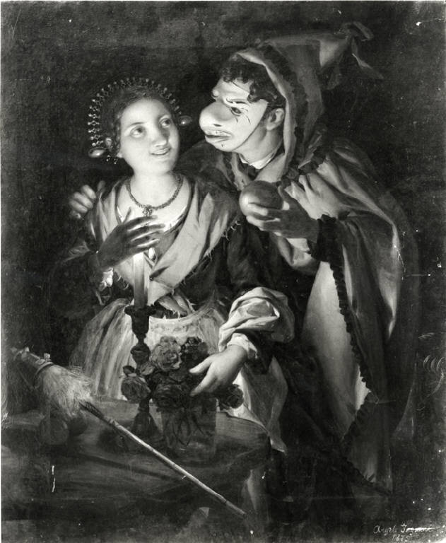 Figura femminile e figura maschile in maschera (dipinto) di Inganni Angelo (ultimo quarto sec. XIX)