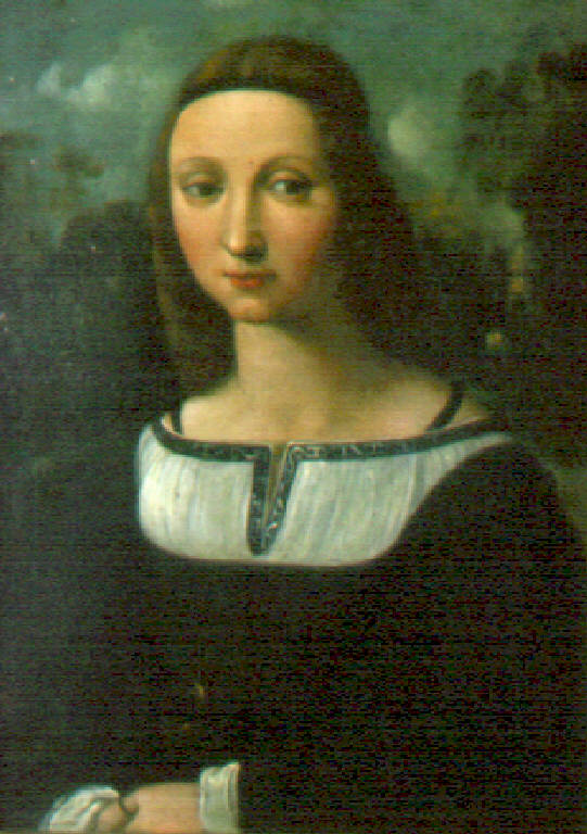 Figura di giovane donna con abito scuro (dipinto) - scuola ferrarese (fine sec. XVI)