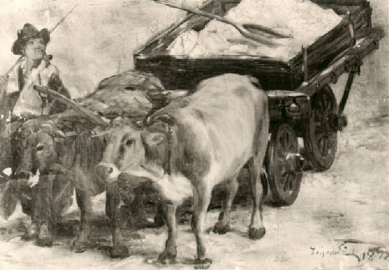 Figura di contadino con carro di buoi (dipinto) di Inganni Angelo (ultimo quarto sec. XIX)