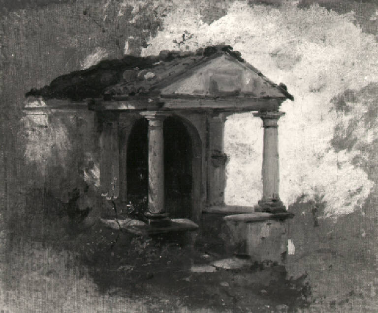 Paesaggio campestre con chiesa (dipinto) di Inganni Angelo (sec. XIX)