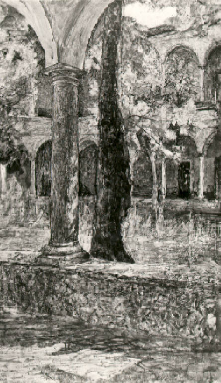 Veduta del cortile dell'ex convento di San barnaba di Brescia (dipinto) di Togni Edoardo (secondo quarto sec. XX)