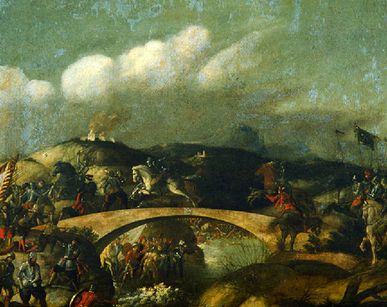 Battaglia di soldati presso un ponte (dipinto) - scuola tedesca (inizio sec. XVII)