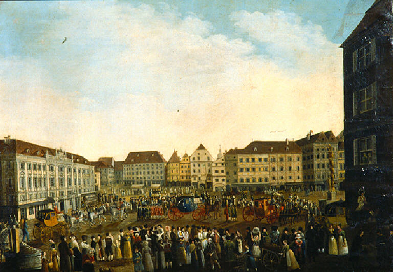 Veduta della piazza del municipio di graz (dipinto) - scuola austriaca (secondo quarto sec. XIX)