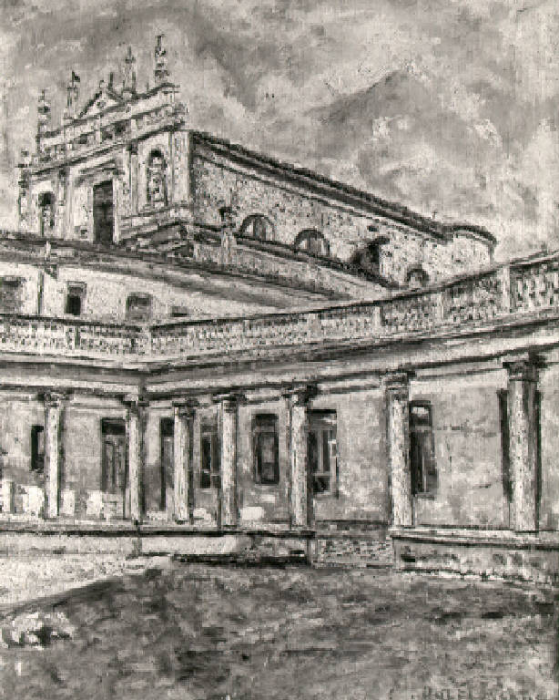 Veduta del cortile dell'ex convento di San barnaba (dipinto) di Dolci Martino (prima metà sec. XX)