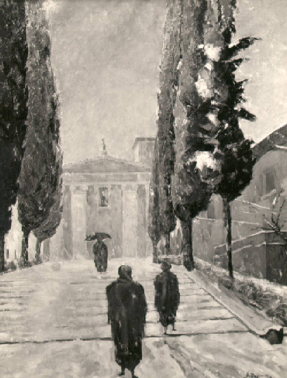 Veduta di una chiesa con scalinata (dipinto) di Mastrazzi Nino (prima metà sec. XX)