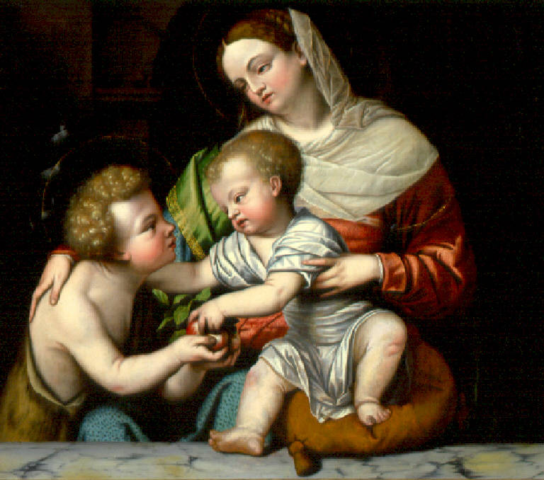 Madonna con Bambino e San Giovanni Battista fanciullo (dipinto) di Bonvicino Alessandro detto Moretto (cerchia) (secondo quarto sec. XVI)
