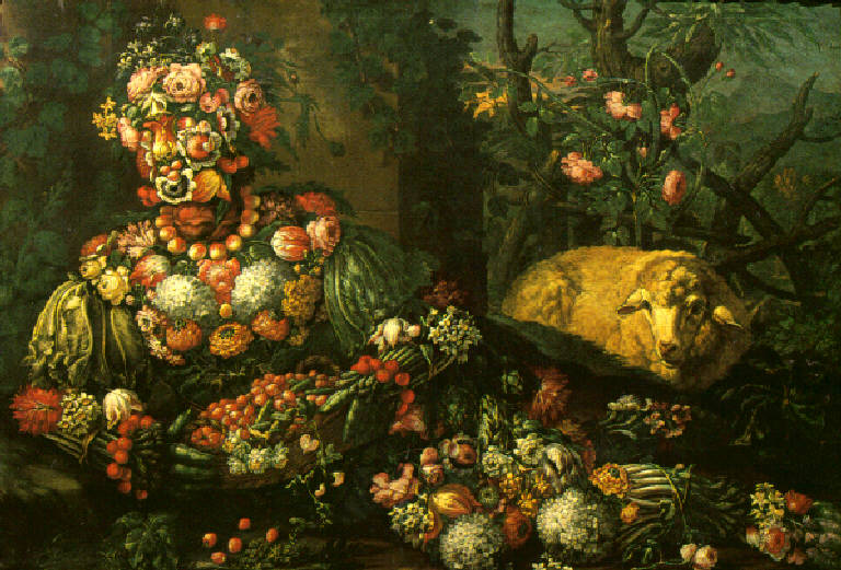 Natura morta con fiori, frutta, verdura di stagione (dipinto) di Arcimboldi Giuseppe (maniera) (fine sec. XVI)