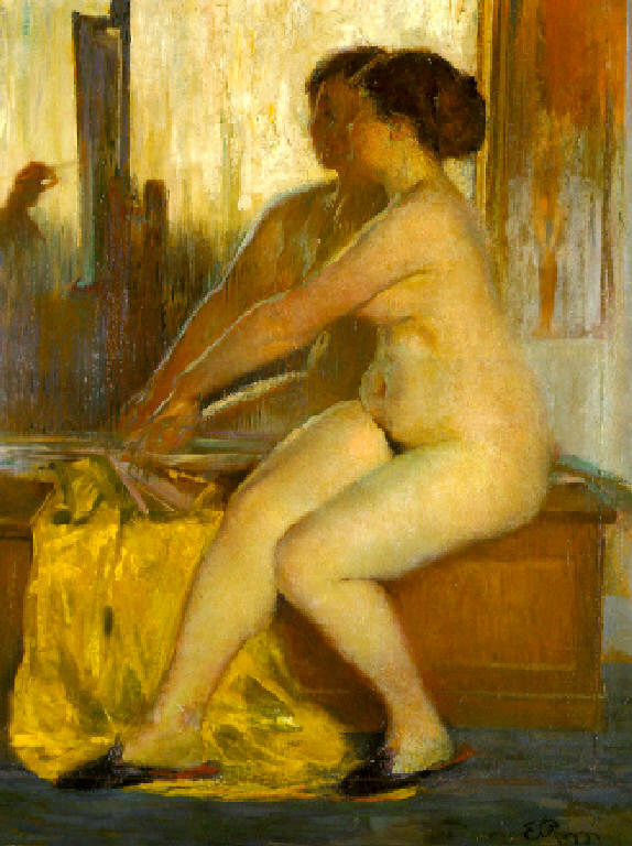 A la glace, Figura femminile nuda davanti allo specchio (dipinto) di Rizzi Emilio (primo quarto sec. XX)