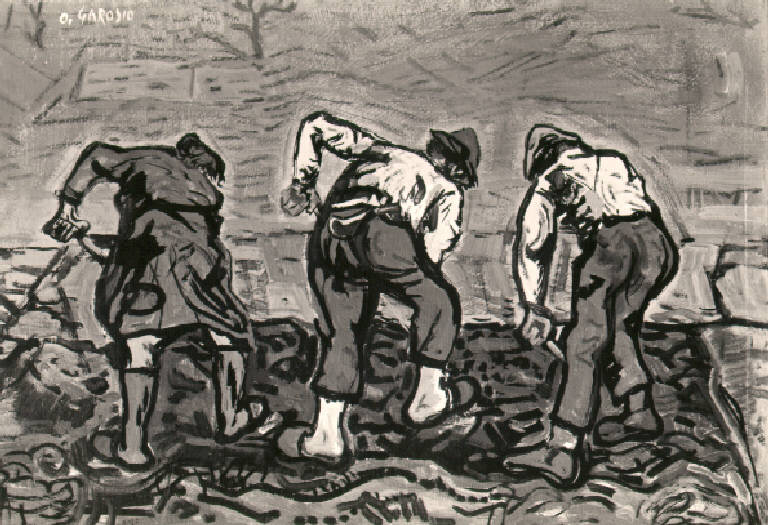Figure maschili e figure femminili che vangano un campo (dipinto) di Garosio Ottorino (metà sec. XX)